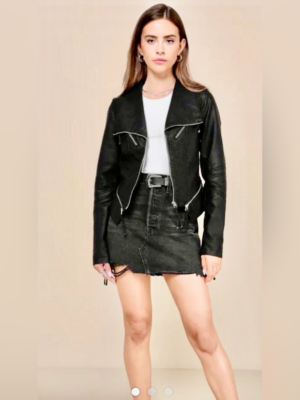 Babaton Black Faux Leather Moto Jacket with Quilted Front